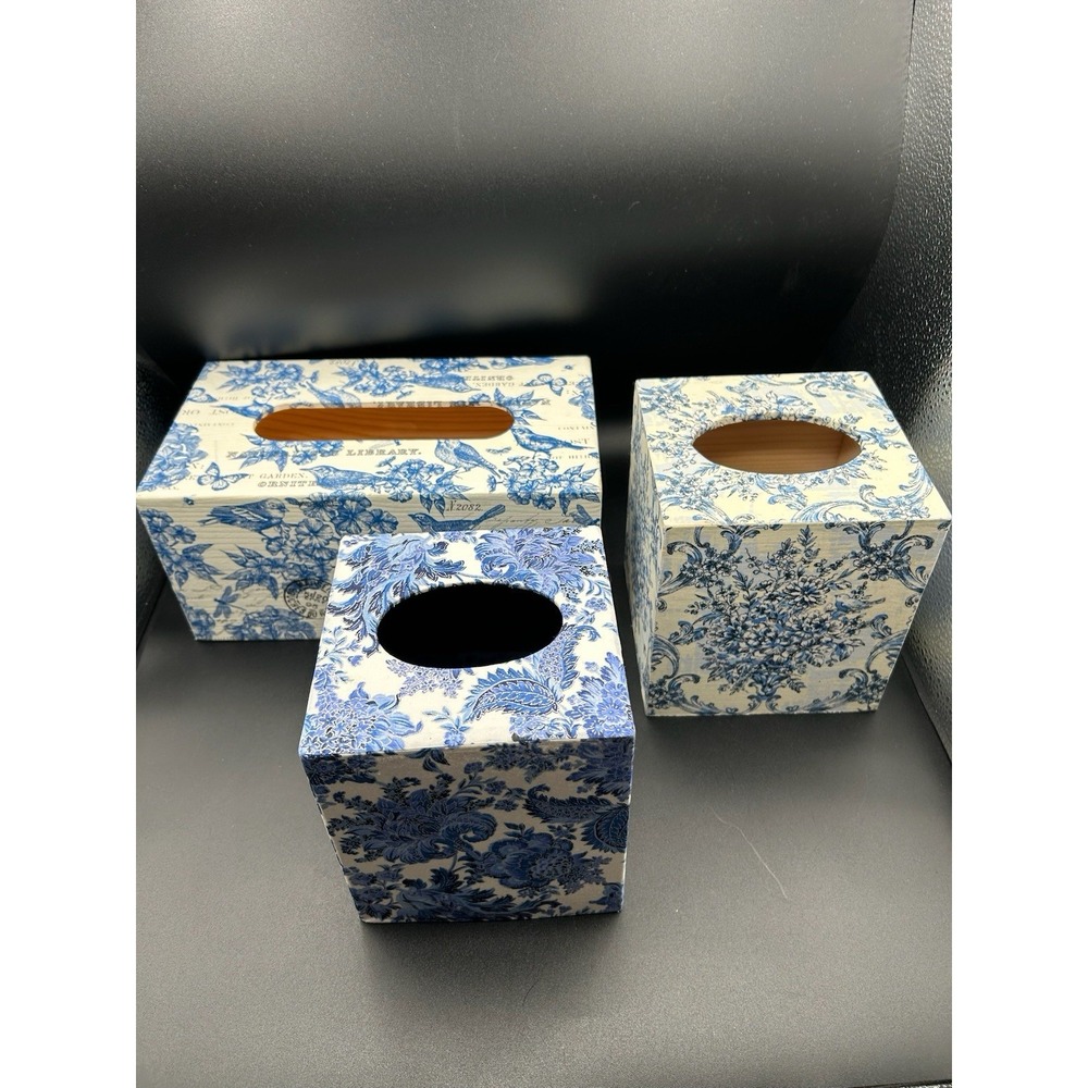 Lot Of 3 Tissue Box Covers Blue And White Chinoiserie Floral And Bird 2 Wooden